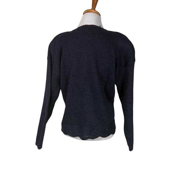 Vintage 80s Kitty Hawk NAvy Blue 3D knit Floral Embroidered Sweater M - Picture 3 of 5